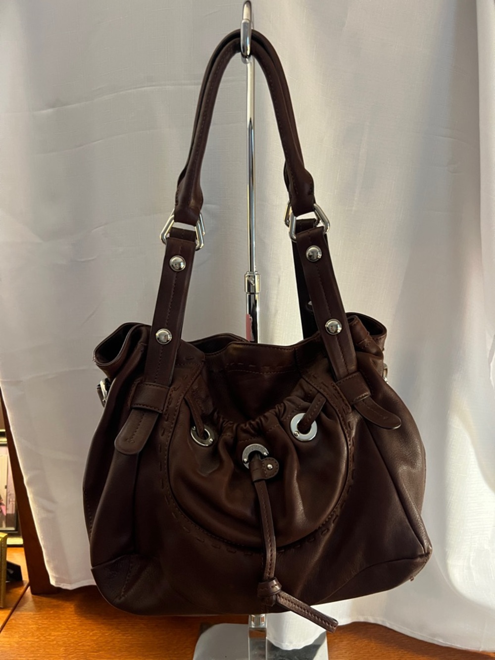 B.makowsky Dark Brown Leather Drawstring Shoulder Bag